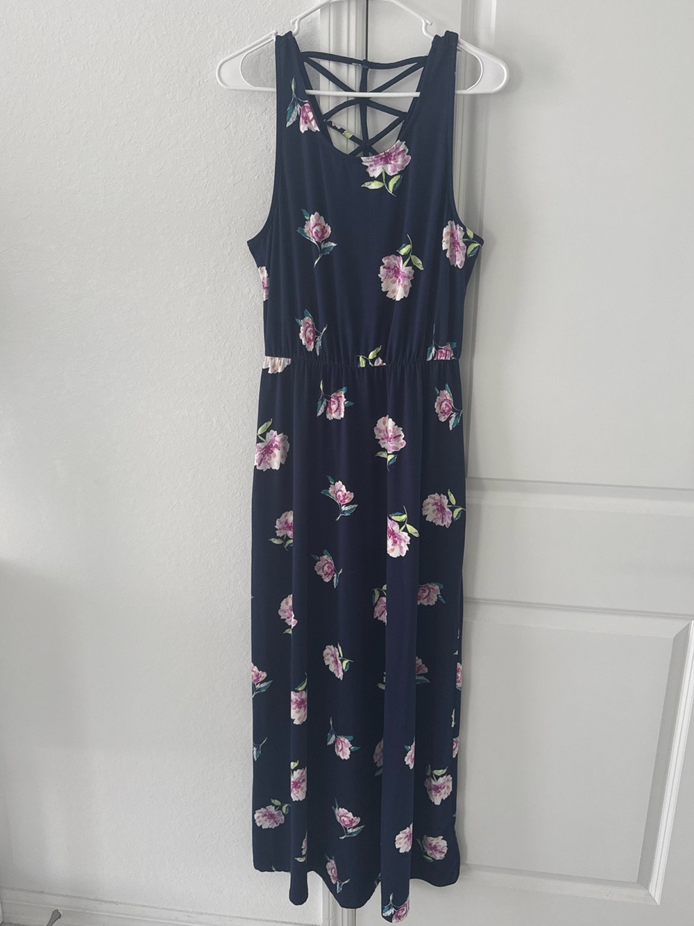 French Grey Navy Maxi Dress with Pink Floral Print and Crisscross Back Size S